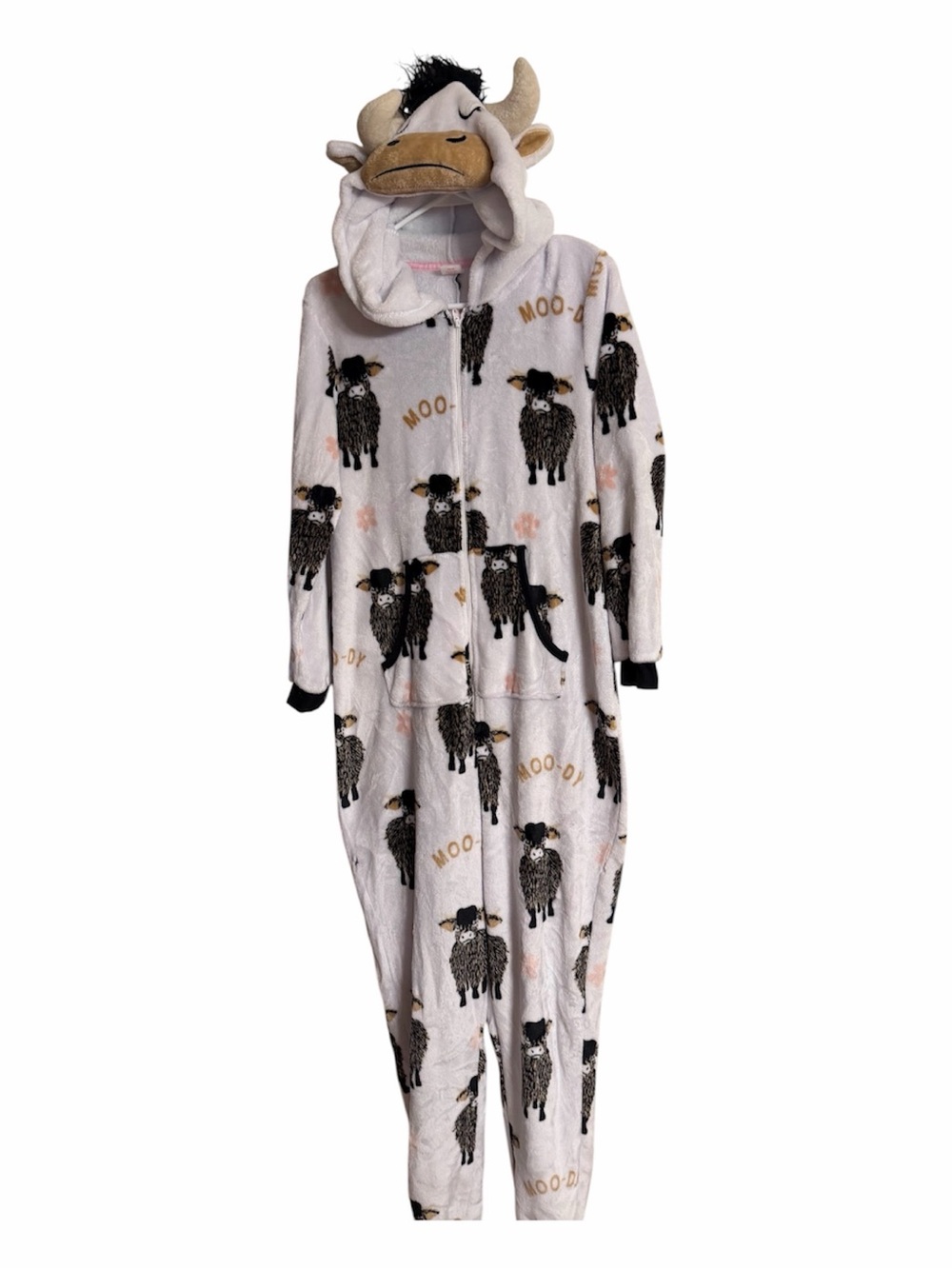 Women’s M 8-10 Plush One-Piece Pajama fuzzy Suit Cow hoodie